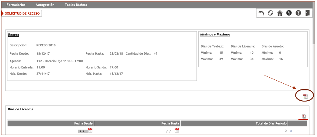 impresión del formulario del receso
