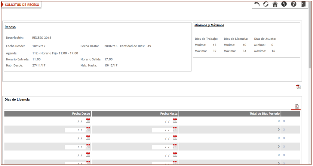 parte superior del formulario de receso
